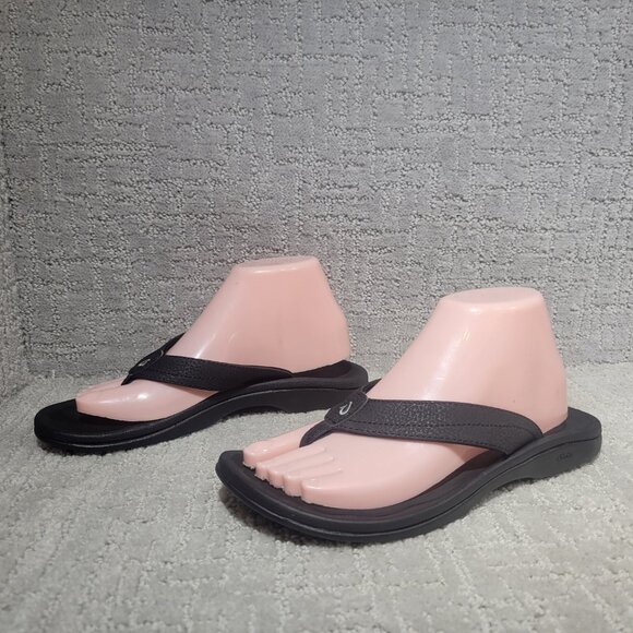 Olukai Ohana Women's Size US 8 Black Leather Slip On Flat Flip Flop Sandals - Picture 5 of 9